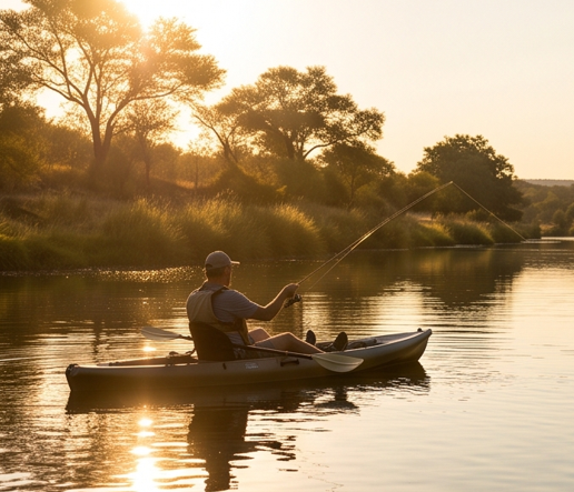 Fly-fishing from a kayak on the river at Sable Hills Eco Estate at sunset