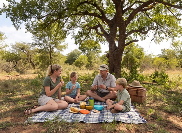 Family gathered under a tree during a guided walk at Sable Hills Eco Estate