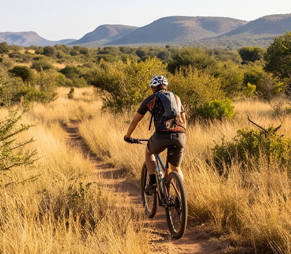 Mountain biker riding a bushveld trail at Sable Hills Eco Estate, Waterberg
