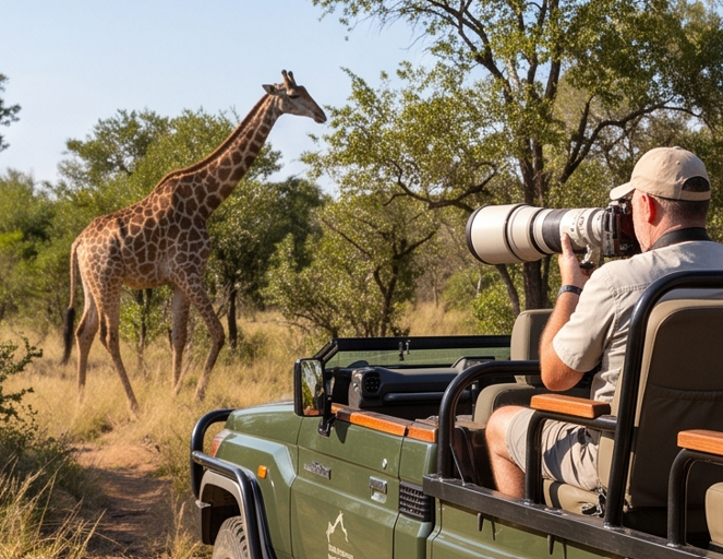 Photographing a giraffe from a game-drive vehicle at Sable Hills Eco Estate